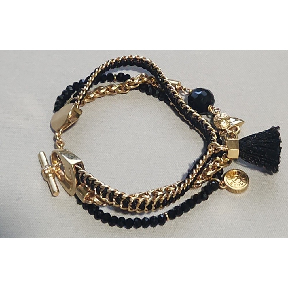 Henri Bendel Multi Strand Black Bead Gold Tone Chain Tassel Charm Bracelet - Picture 4 of 11
